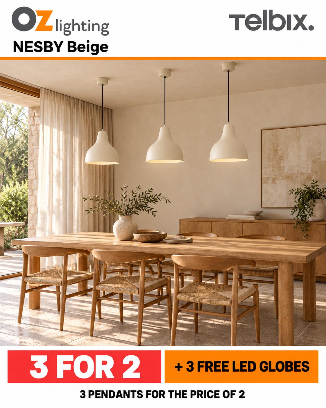 Telbix NESBY - 1 Light Pendant Beige — 3 Pendants for the Price of 2 + 3 FREE LED Globes-Telbix-Ozlighting.com.au