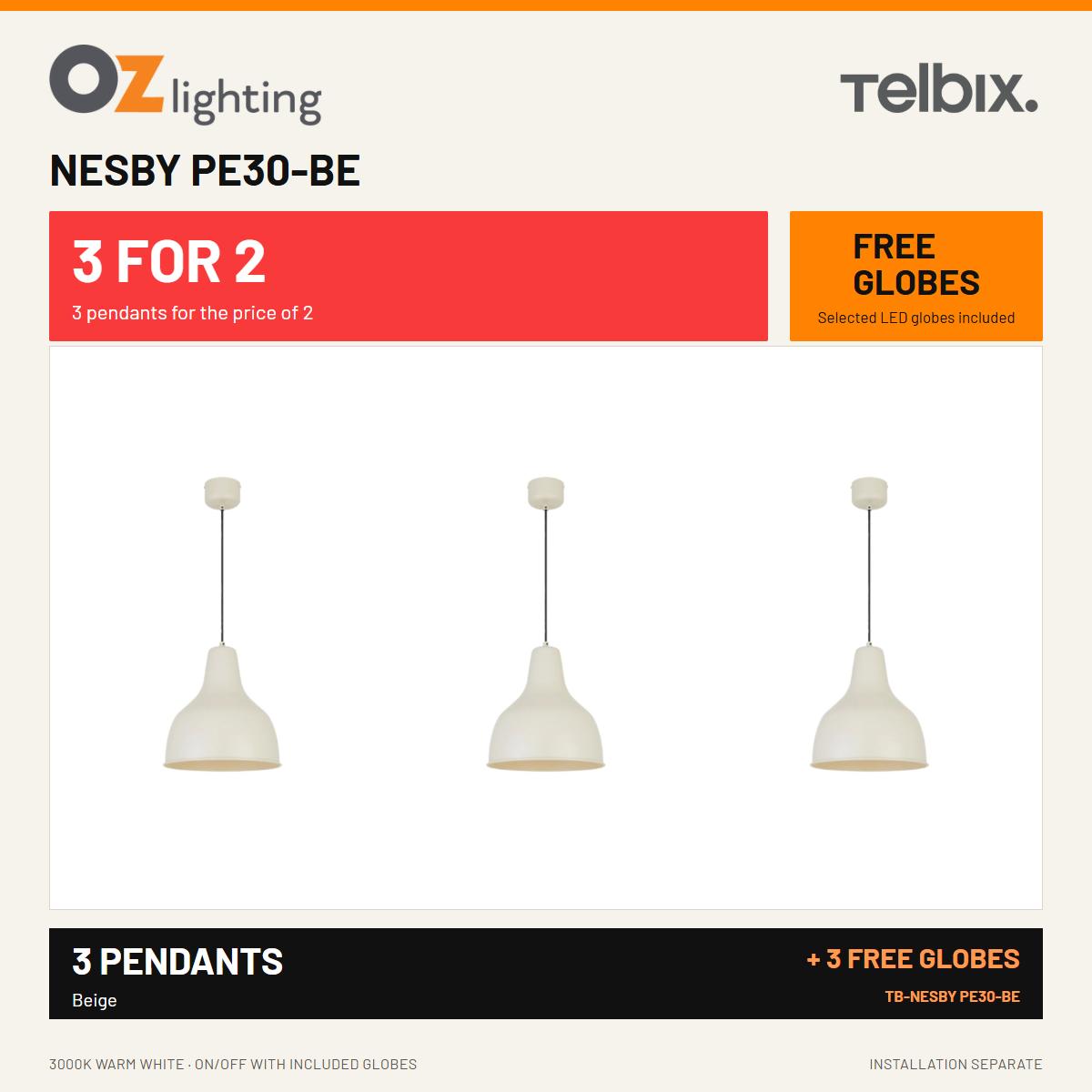 Telbix NESBY - 1 Light Pendant Beige — 3 Pendants for the Price of 2 + 3 FREE LED Globes-Telbix-Ozlighting.com.au