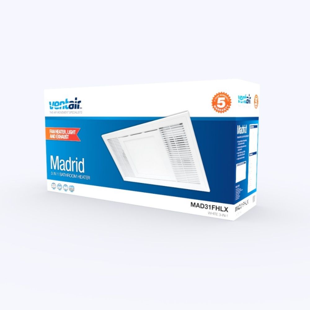 Ventair MADRID - 3 in 1 Heat Light Exhaust Fan Heater with LED Light-Ventair-Ozlighting.com.au