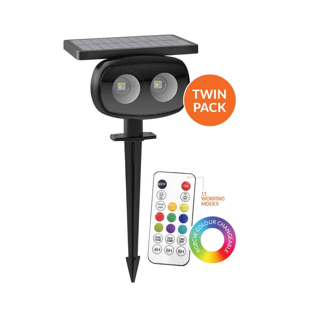 Vibe VBLSP-101-4-RGBCW Solar RGB and White Spike Lights - 2 Pack, Remote Included-Vibe Lighting-Ozlighting.com.au