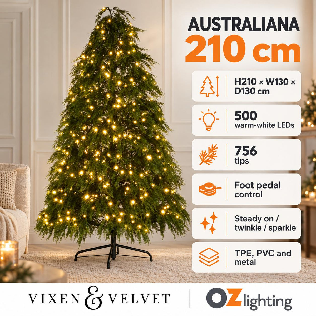 Vixen & Velvet AUSTRALIANA Light-Up Tree - 210cm with Foot Pedal-VIXEN & VELVET-Ozlighting.com.au