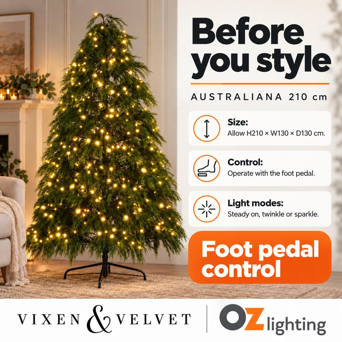 Vixen & Velvet AUSTRALIANA Light-Up Tree - 210cm with Foot Pedal-VIXEN & VELVET-Ozlighting.com.au