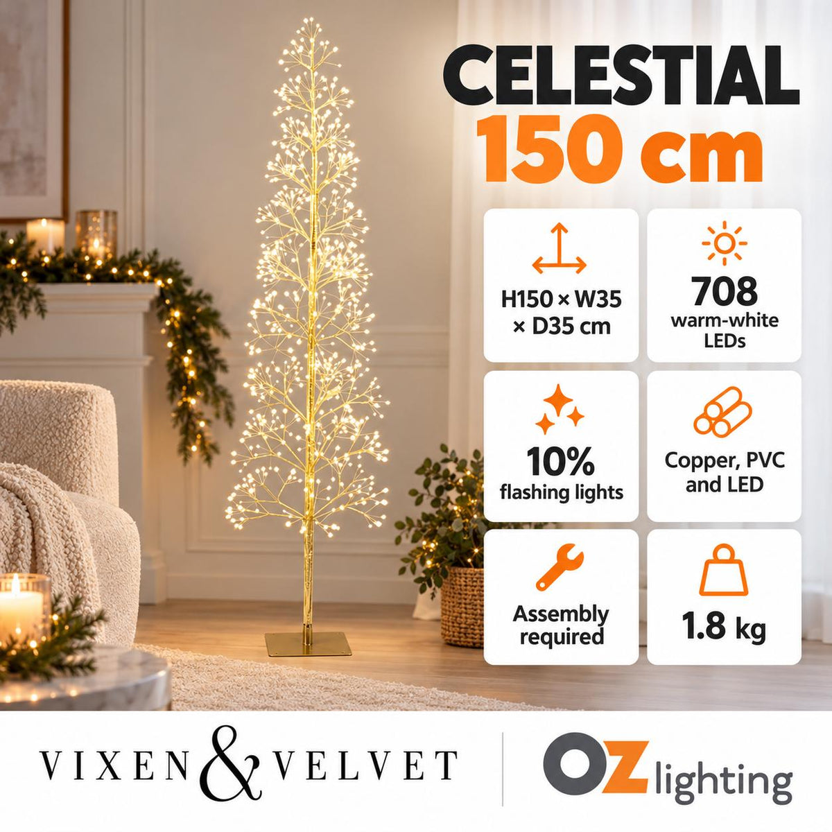 Vixen & Velvet CELESTIAL Twinkling LED Tree - 150cm, 708 LEDs-VIXEN & VELVET-Ozlighting.com.au