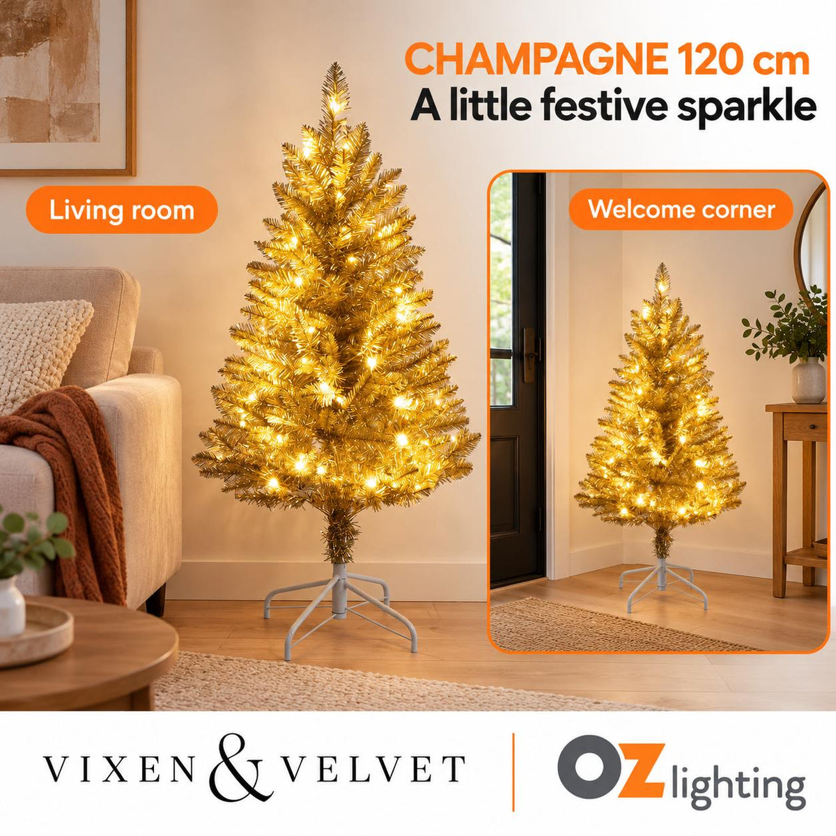 Vixen & Velvet CHAMPAGNE Light-Up Tree - 120cm, 70 LEDs-VIXEN & VELVET-Ozlighting.com.au