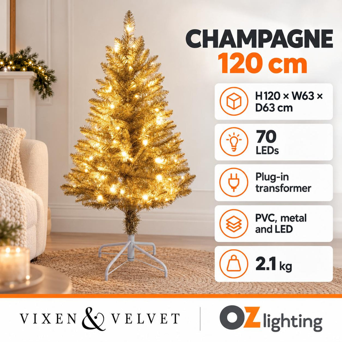 Vixen & Velvet CHAMPAGNE Light-Up Tree - 120cm, 70 LEDs-VIXEN & VELVET-Ozlighting.com.au