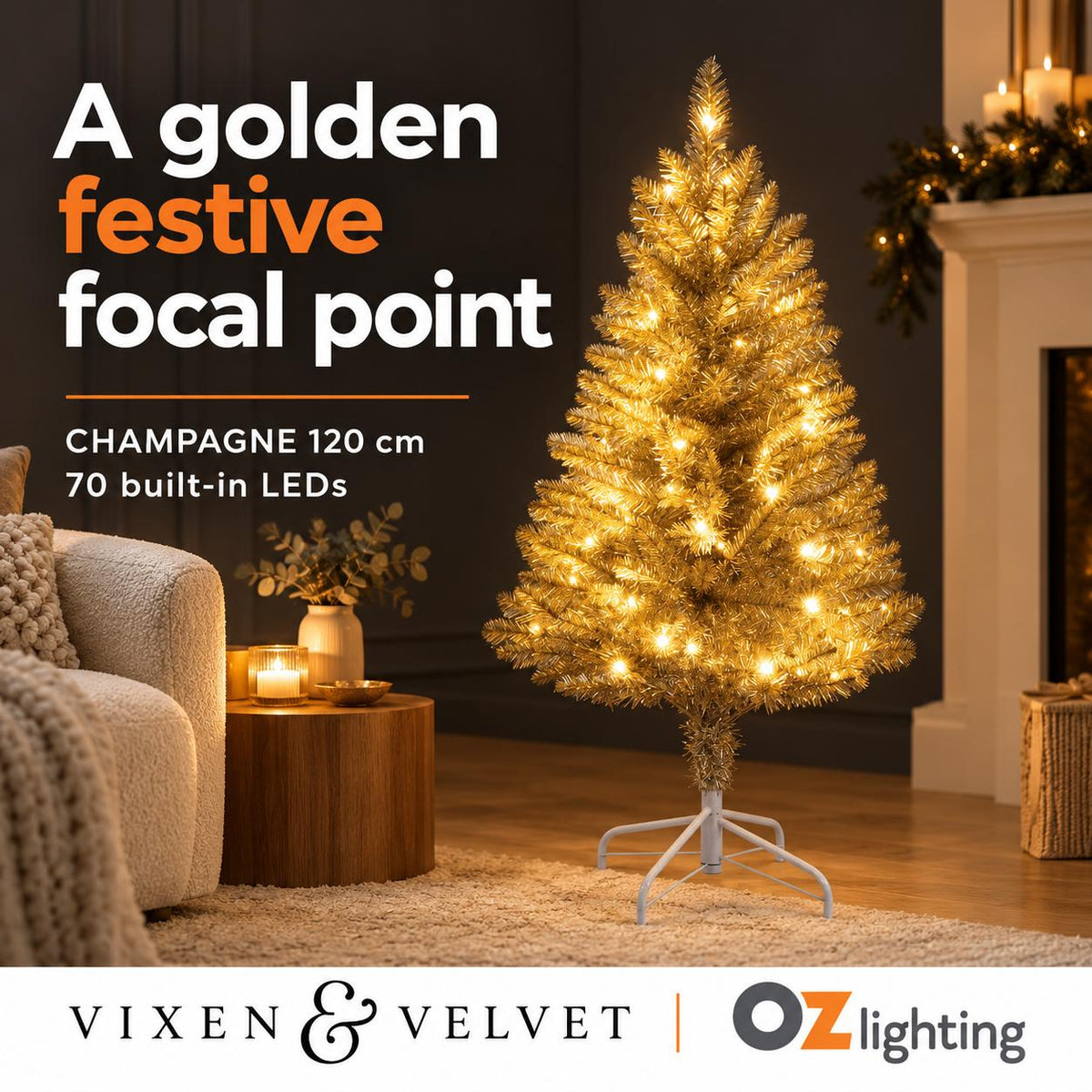Vixen & Velvet CHAMPAGNE Light-Up Tree - 120cm, 70 LEDs-VIXEN & VELVET-Ozlighting.com.au