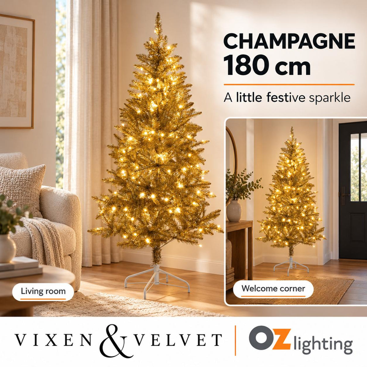 Vixen & Velvet CHAMPAGNE Light-Up Tree - 180cm, 170 LEDs-VIXEN & VELVET-Ozlighting.com.au