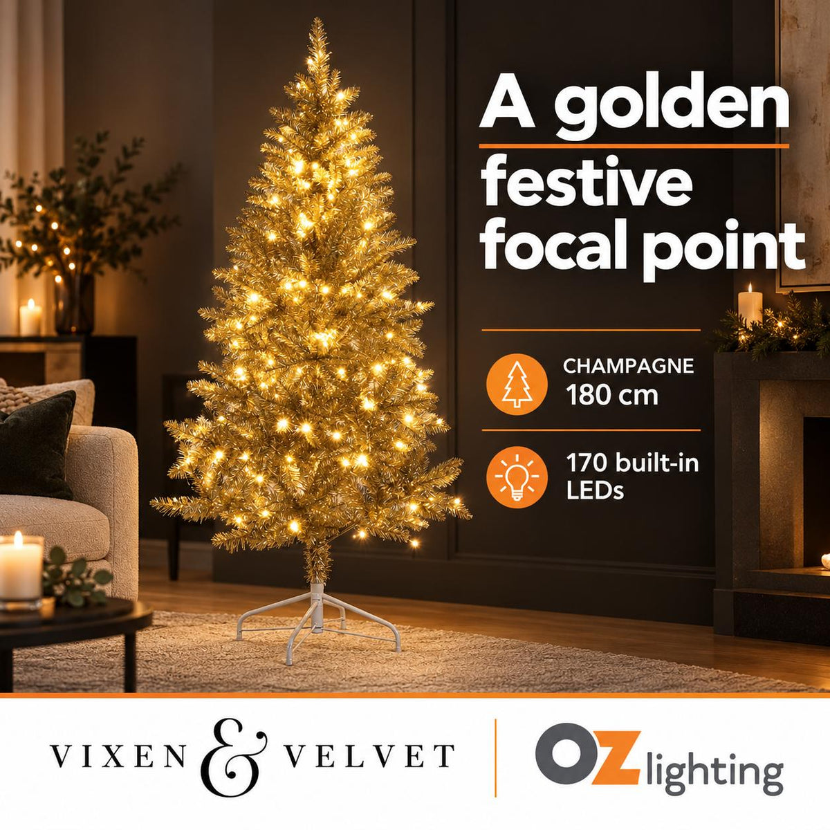 Vixen & Velvet CHAMPAGNE Light-Up Tree - 180cm, 170 LEDs-VIXEN & VELVET-Ozlighting.com.au