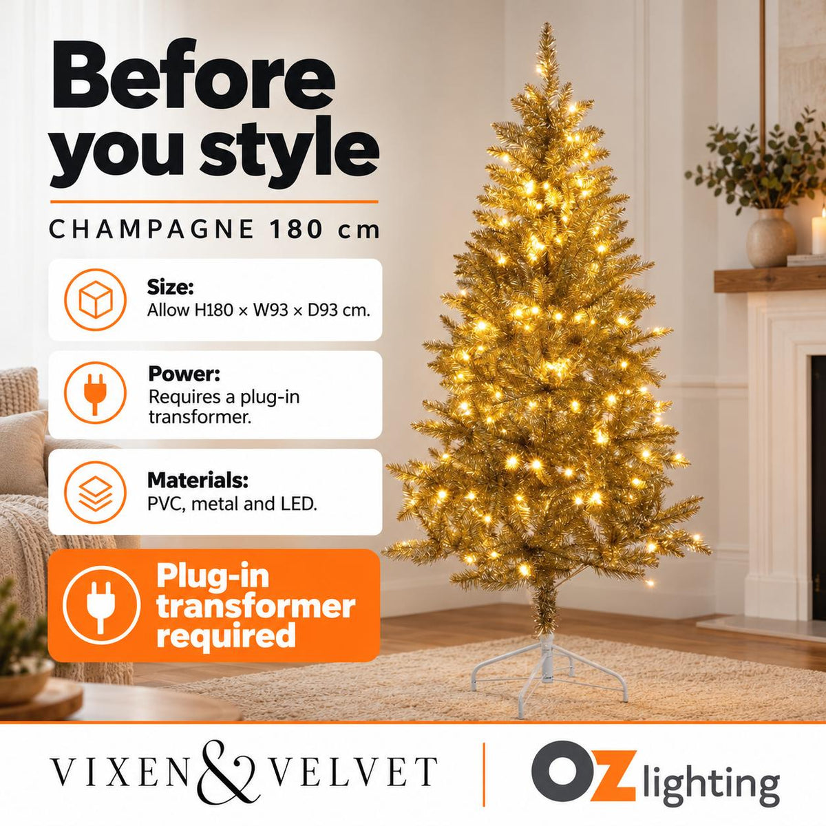 Vixen & Velvet CHAMPAGNE Light-Up Tree - 180cm, 170 LEDs-VIXEN & VELVET-Ozlighting.com.au