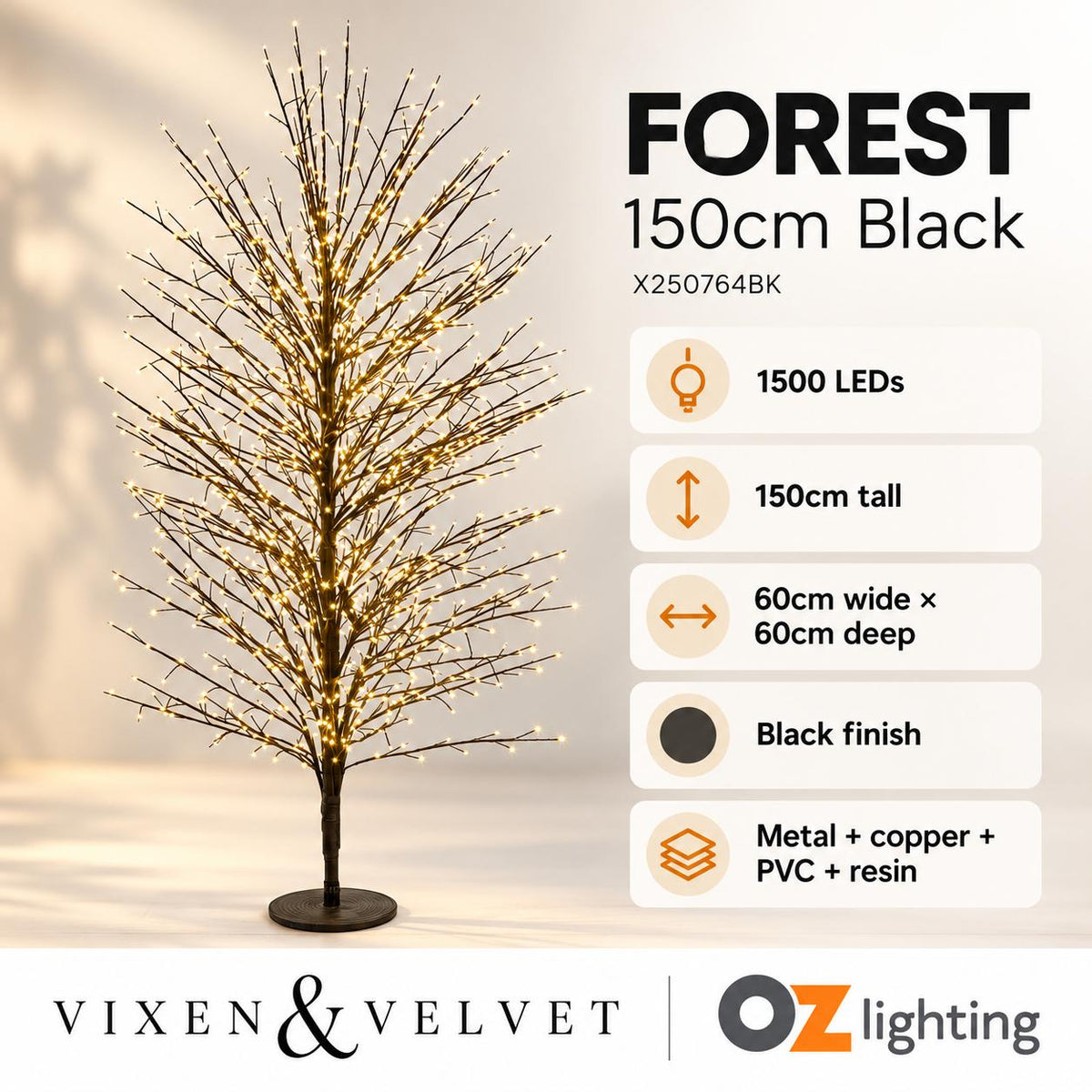 Vixen & Velvet FOREST Light-Up Tree - 150cm, Black, 1500 LEDs-VIXEN & VELVET-Ozlighting.com.au