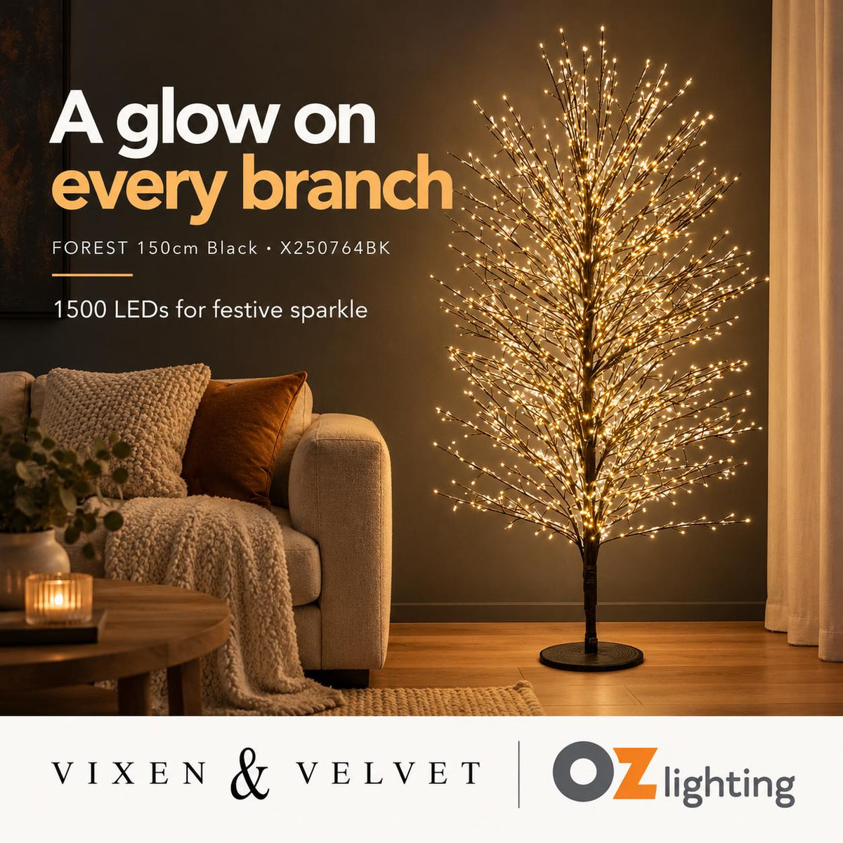 Vixen & Velvet FOREST Light-Up Tree - 150cm, Black, 1500 LEDs-VIXEN & VELVET-Ozlighting.com.au