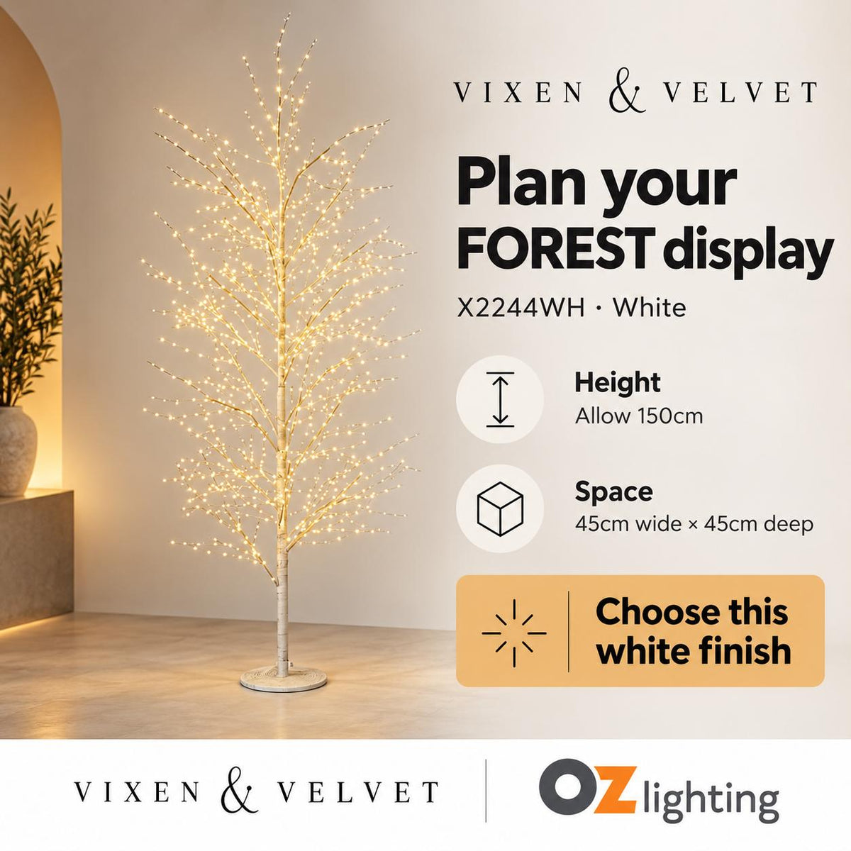 Vixen & Velvet FOREST Light-Up Tree - 150cm, White, 900 Lights-VIXEN & VELVET-Ozlighting.com.au