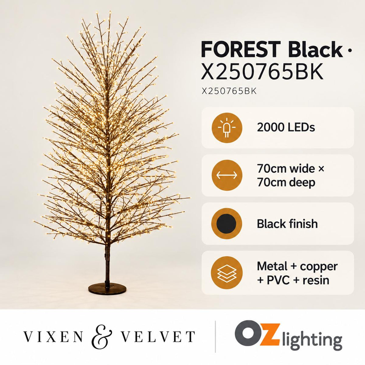 Vixen & Velvet FOREST Light-Up Tree - 180cm, Black, 2000 LEDs-VIXEN & VELVET-Ozlighting.com.au