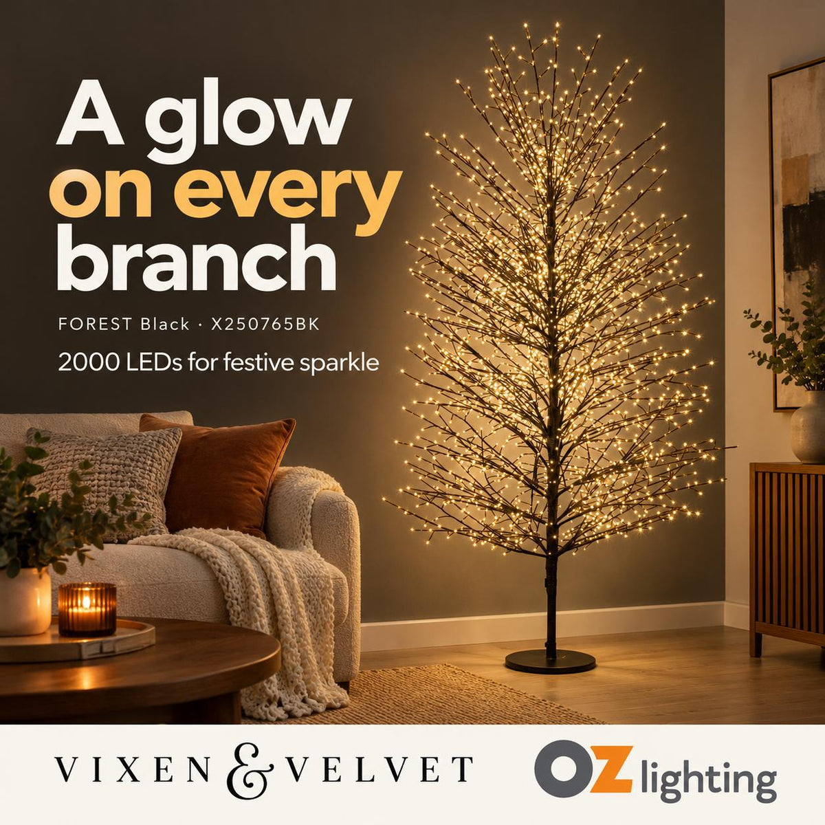Vixen & Velvet FOREST Light-Up Tree - 180cm, Black, 2000 LEDs-VIXEN & VELVET-Ozlighting.com.au