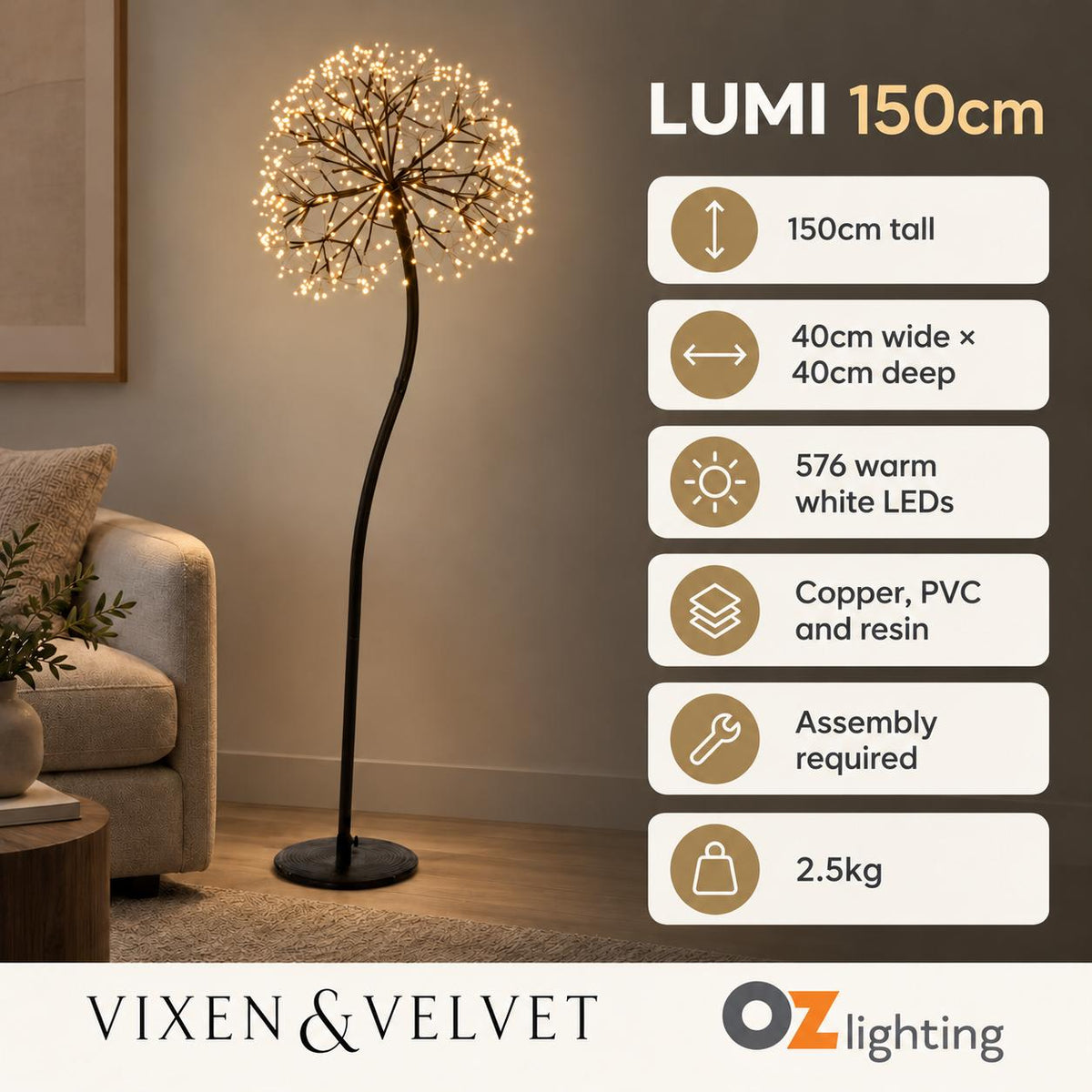 Vixen & Velvet LUMI Light-Up Dandelion - 150cm, 576 LEDs, Warm White-VIXEN & VELVET-Ozlighting.com.au