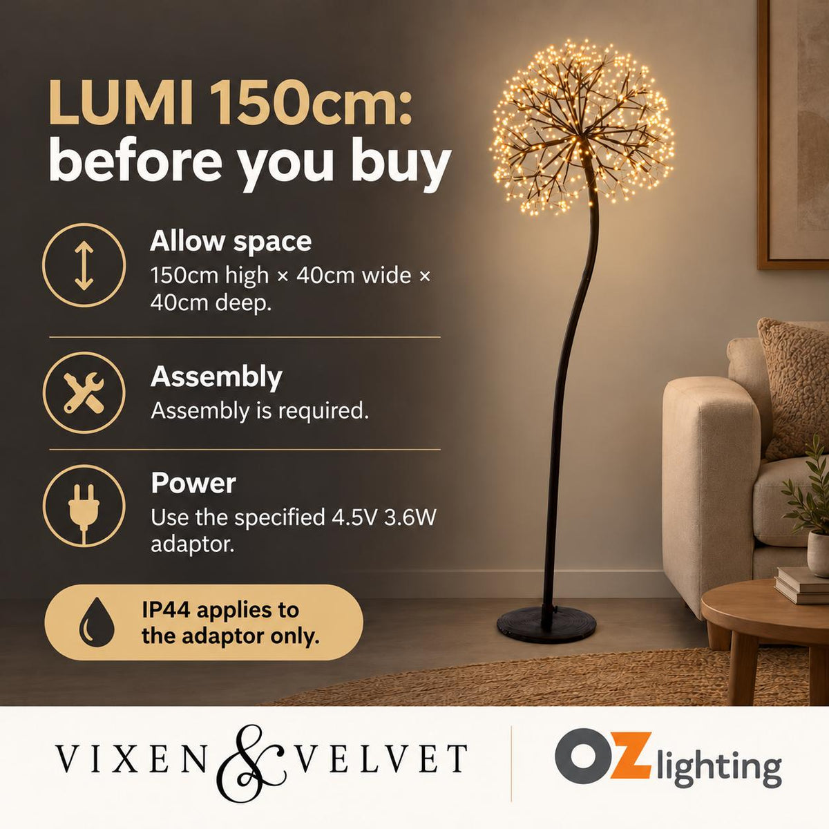 Vixen & Velvet LUMI Light-Up Dandelion - 150cm, 576 LEDs, Warm White-VIXEN & VELVET-Ozlighting.com.au