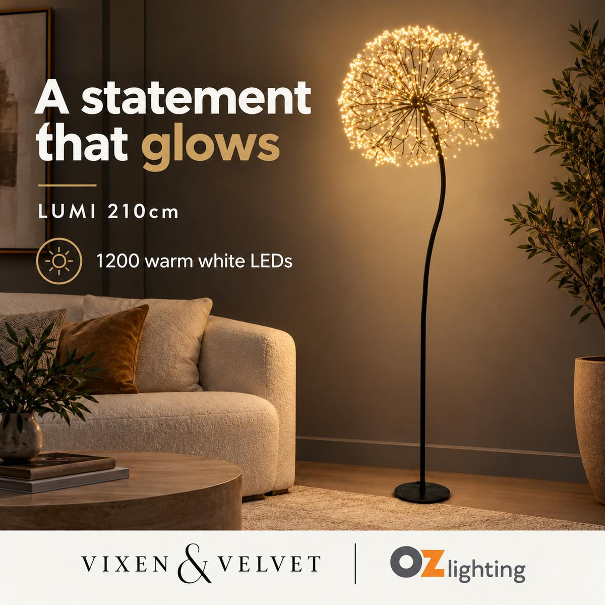 Vixen & Velvet LUMI Light-Up Dandelion - 210cm, 1200 LEDs, Warm White-VIXEN & VELVET-Ozlighting.com.au