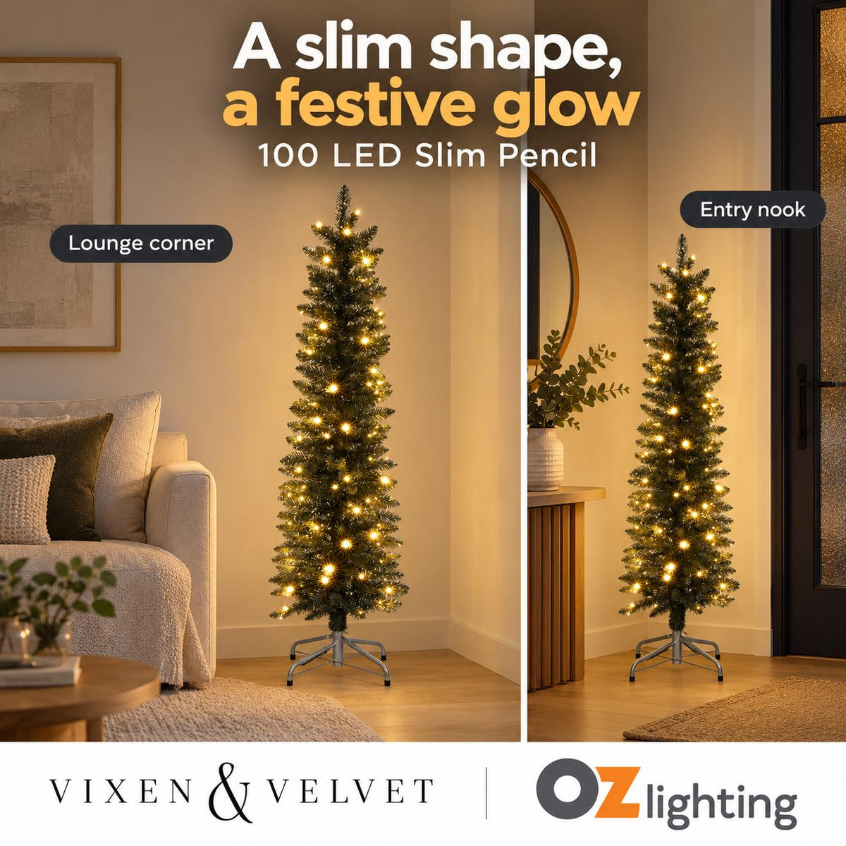 Vixen & Velvet Light-Up Tree - Slim Pencil, 150cm, Silver Green, 100 LEDs-VIXEN & VELVET-Ozlighting.com.au