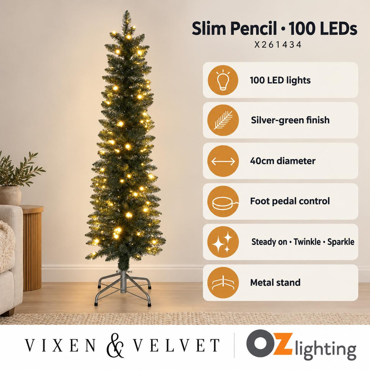 Vixen & Velvet Light-Up Tree - Slim Pencil, 150cm, Silver Green, 100 LEDs-VIXEN & VELVET-Ozlighting.com.au