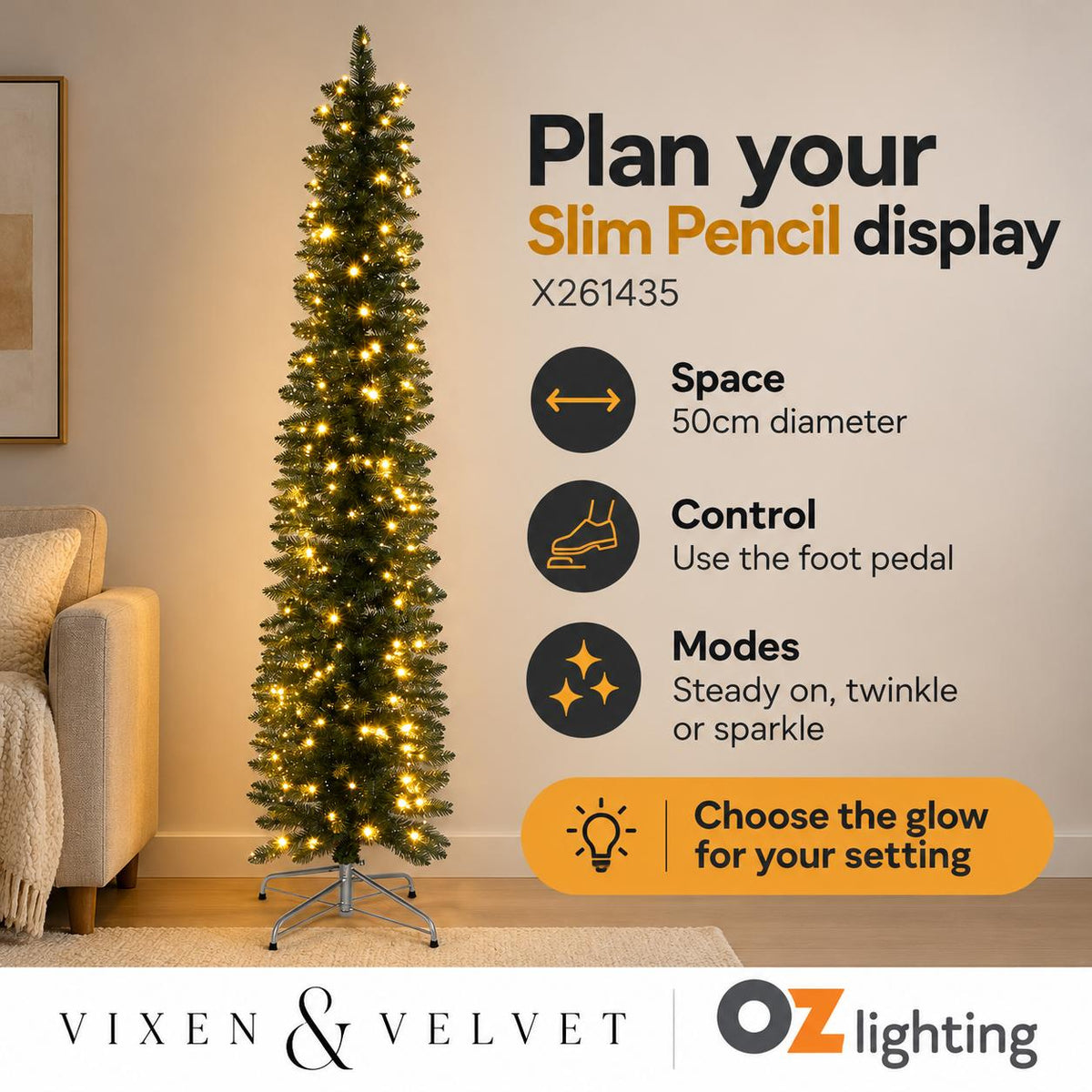 Vixen & Velvet Light-Up Tree - Slim Pencil, 210cm, Silver Green, 200 LEDs-VIXEN & VELVET-Ozlighting.com.au