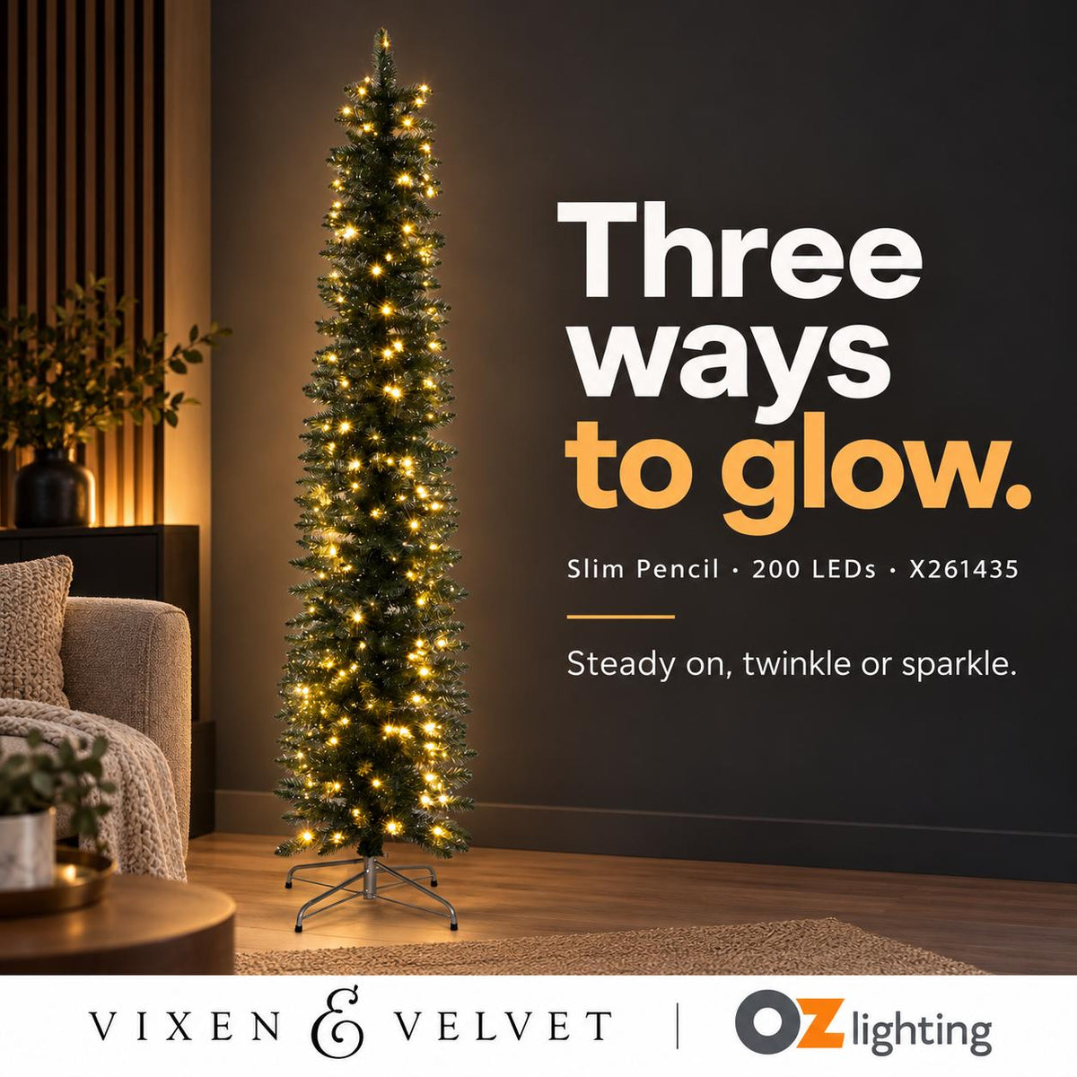 Vixen & Velvet Light-Up Tree - Slim Pencil, 210cm, Silver Green, 200 LEDs-VIXEN & VELVET-Ozlighting.com.au