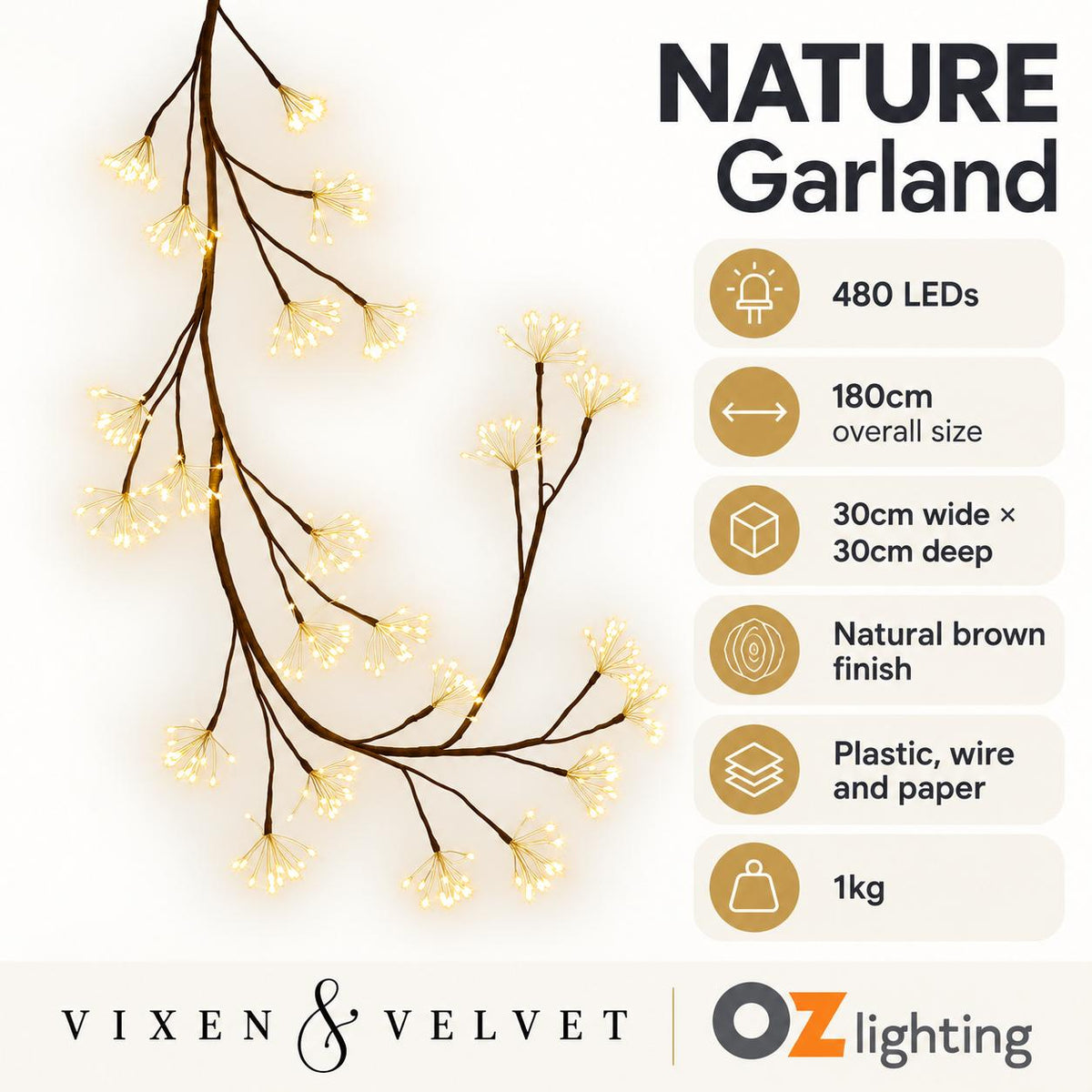 Vixen & Velvet NATURE Garland - Brown, 480 LEDs-VIXEN & VELVET-Ozlighting.com.au