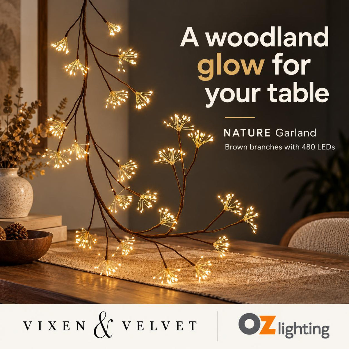 Vixen & Velvet NATURE Garland - Brown, 480 LEDs-VIXEN & VELVET-Ozlighting.com.au
