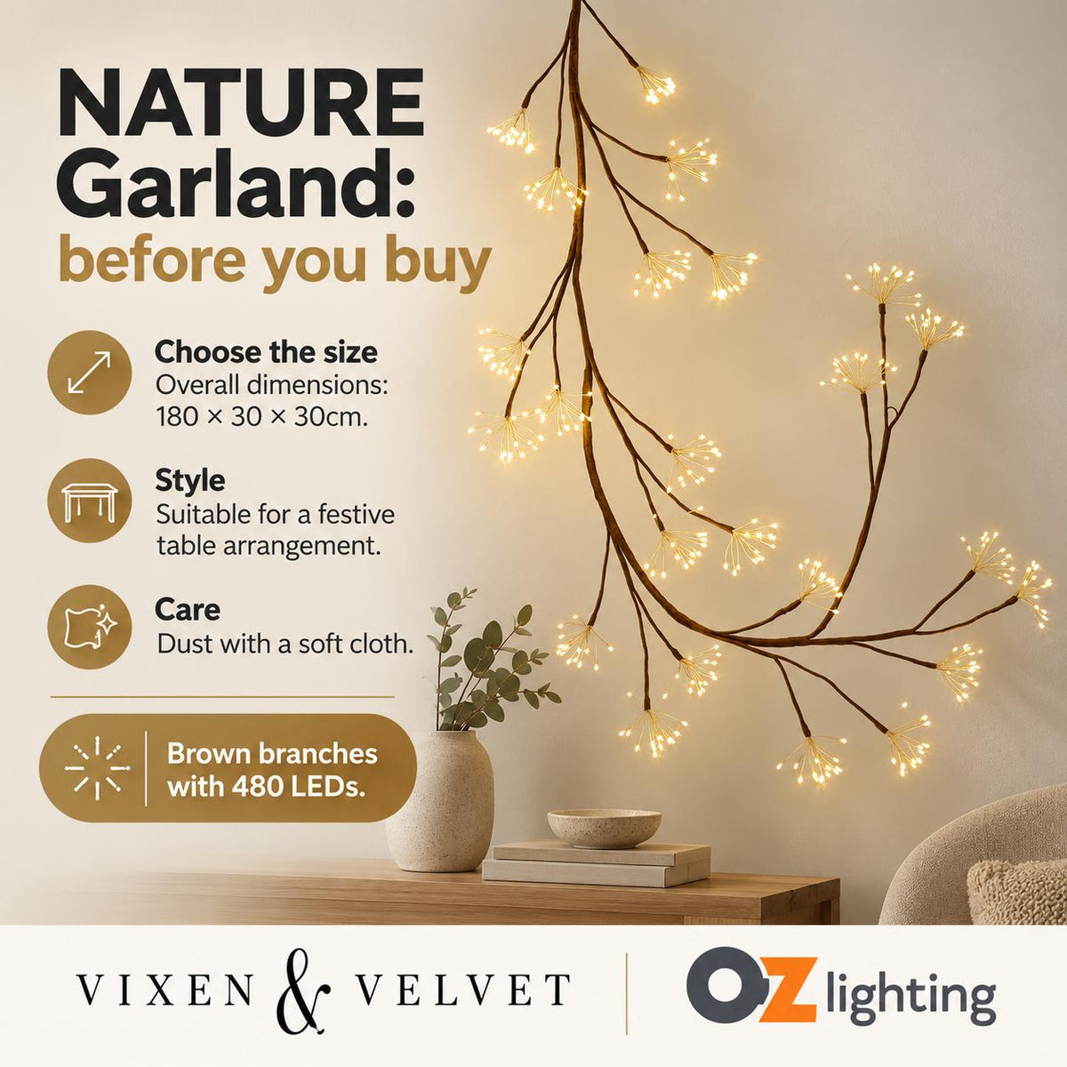 Vixen & Velvet NATURE Garland - Brown, 480 LEDs-VIXEN & VELVET-Ozlighting.com.au