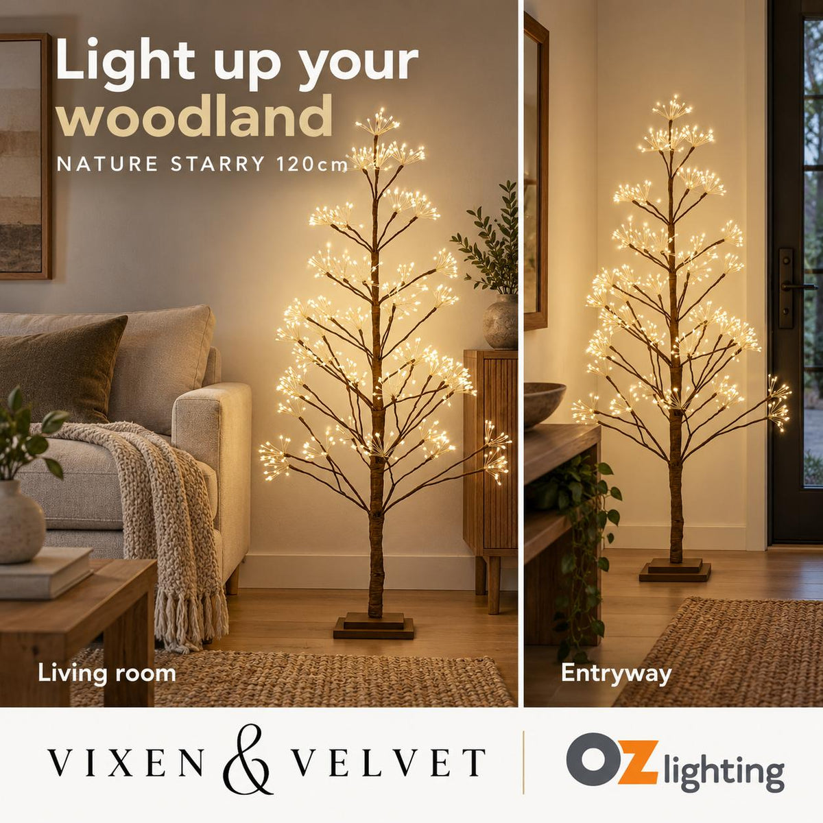 Vixen & Velvet NATURE STARRY Light-Up Tree - 120cm, Brown, 660 LEDs-VIXEN & VELVET-Ozlighting.com.au