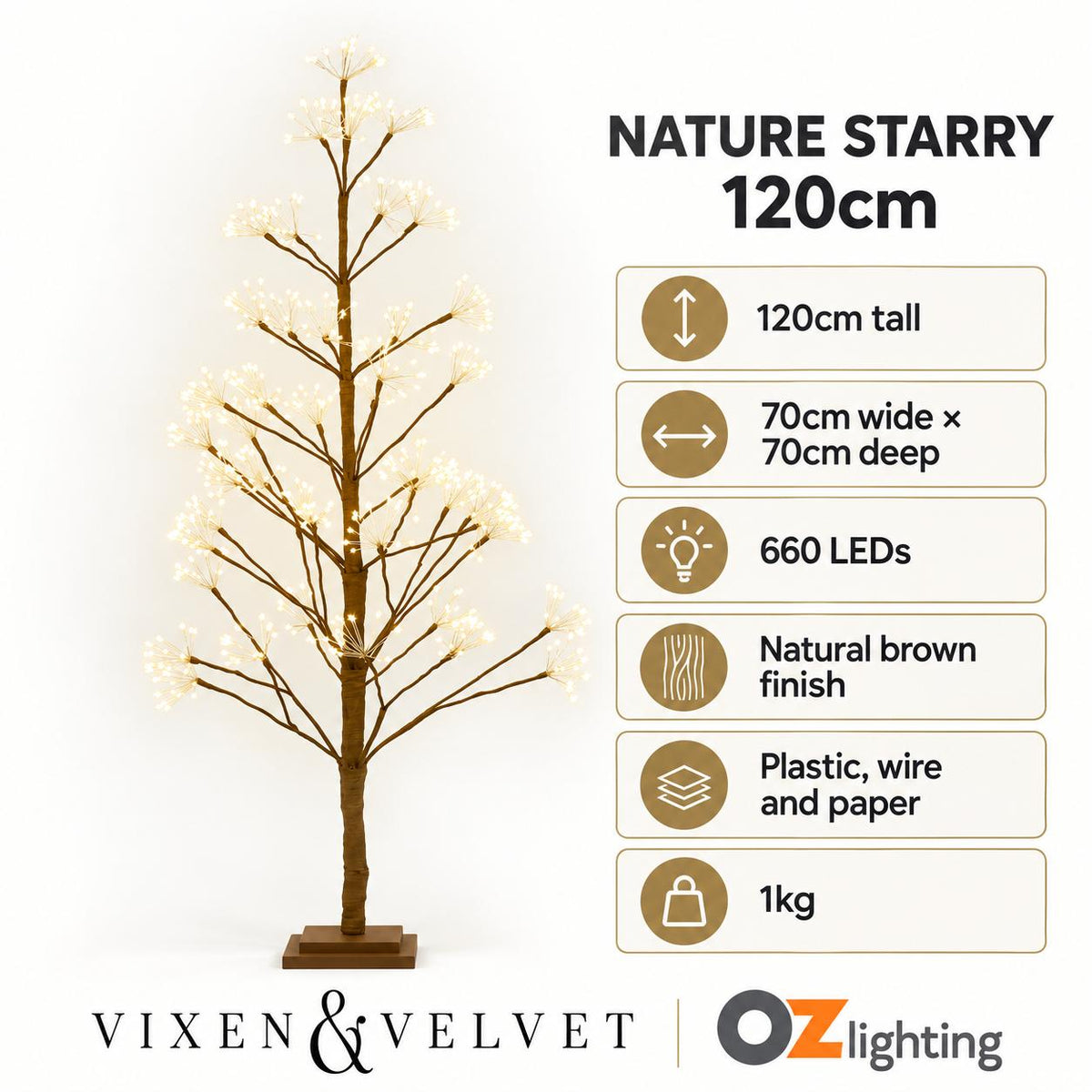 Vixen & Velvet NATURE STARRY Light-Up Tree - 120cm, Brown, 660 LEDs-VIXEN & VELVET-Ozlighting.com.au