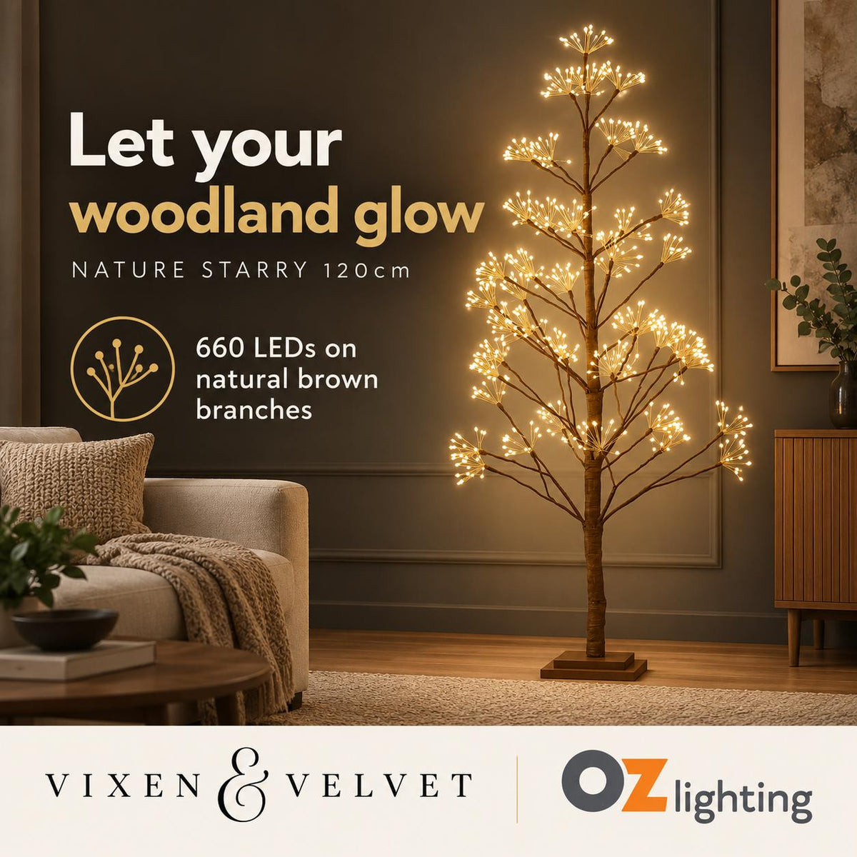 Vixen & Velvet NATURE STARRY Light-Up Tree - 120cm, Brown, 660 LEDs-VIXEN & VELVET-Ozlighting.com.au