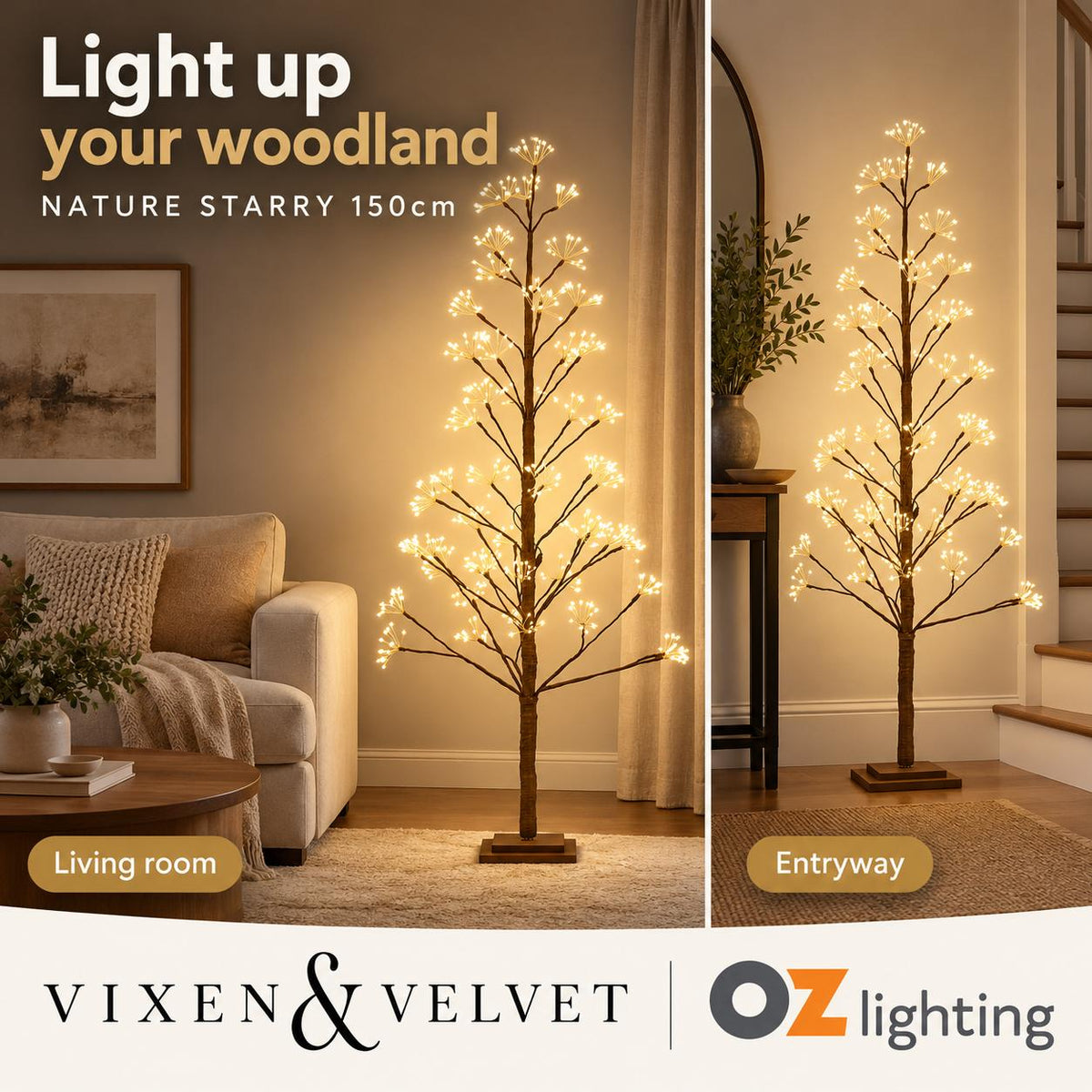 Vixen & Velvet NATURE STARRY Light-Up Tree - 150cm, Brown, 720 LEDs-VIXEN & VELVET-Ozlighting.com.au