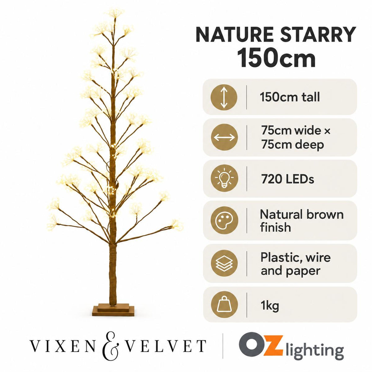 Vixen & Velvet NATURE STARRY Light-Up Tree - 150cm, Brown, 720 LEDs-VIXEN & VELVET-Ozlighting.com.au