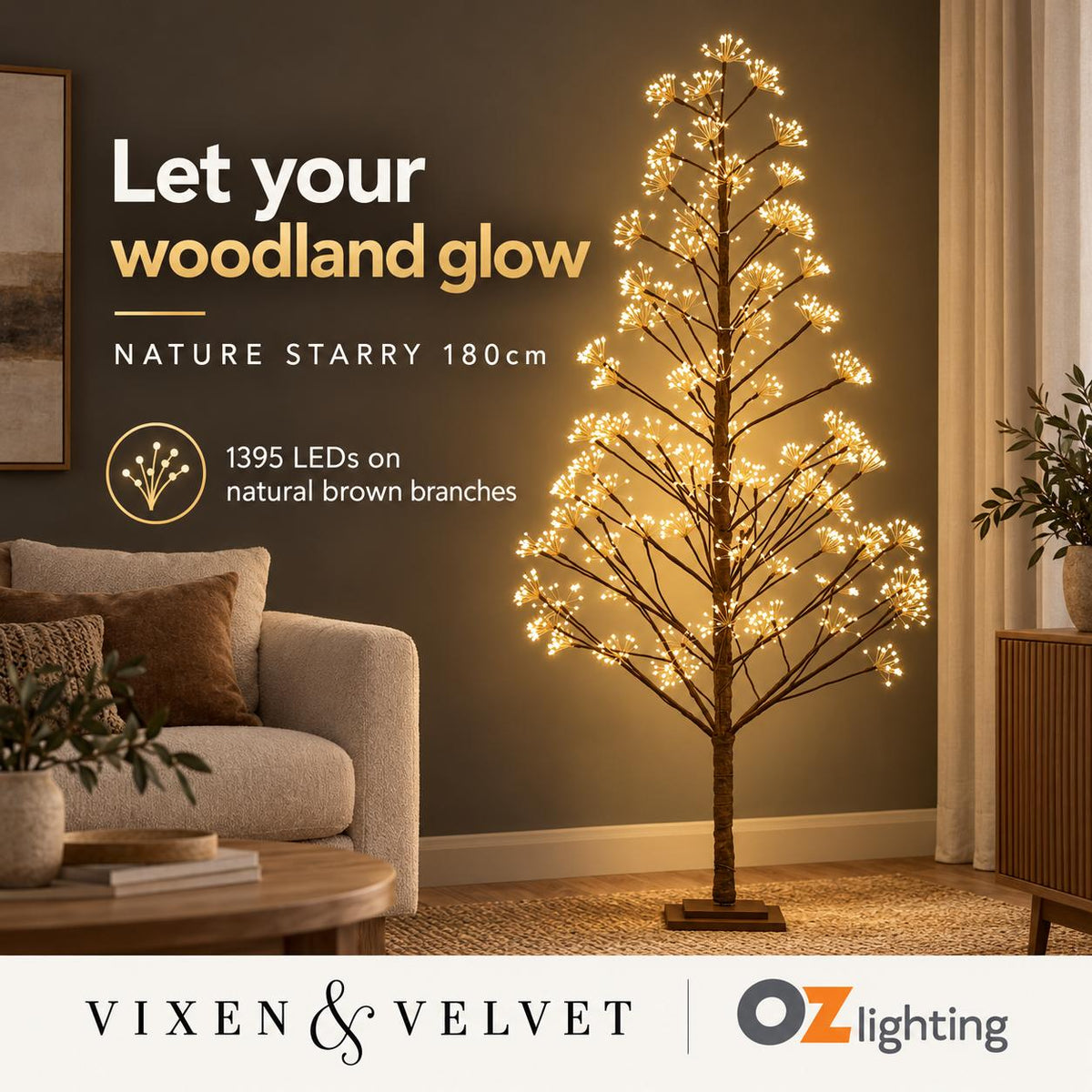 Vixen & Velvet NATURE STARRY Light-Up Tree - 180cm, Brown, 1395 LEDs-VIXEN & VELVET-Ozlighting.com.au
