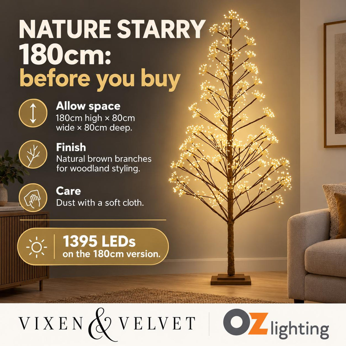 Vixen & Velvet NATURE STARRY Light-Up Tree - 180cm, Brown, 1395 LEDs-VIXEN & VELVET-Ozlighting.com.au