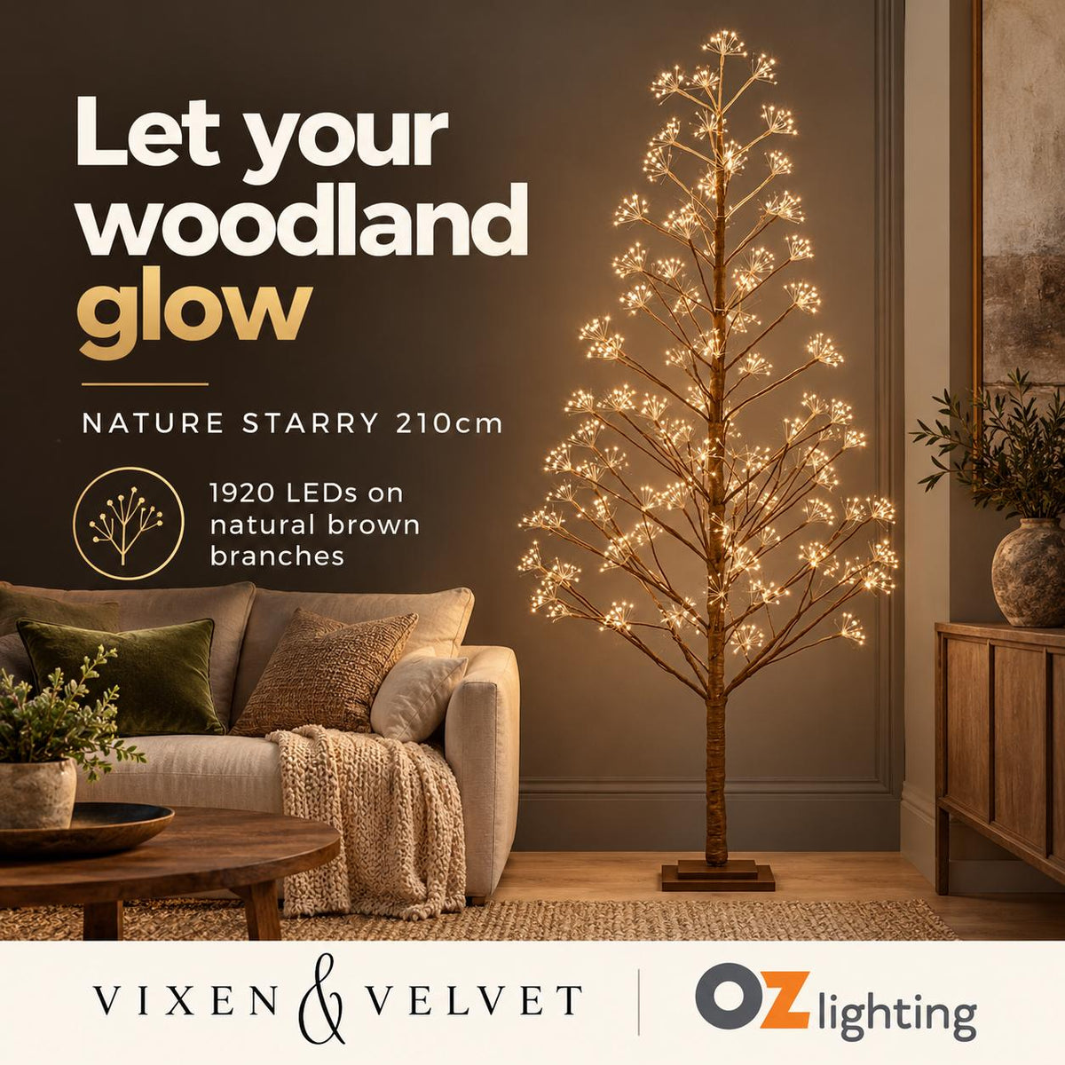 Vixen & Velvet NATURE STARRY Light-Up Tree - 210cm, Brown, 1920 LEDs-VIXEN & VELVET-Ozlighting.com.au