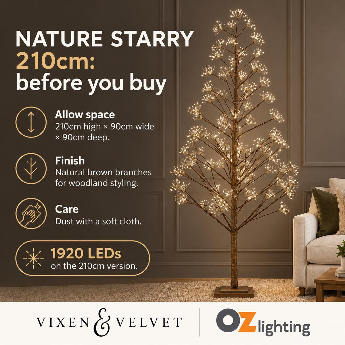 Vixen & Velvet NATURE STARRY Light-Up Tree - 210cm, Brown, 1920 LEDs-VIXEN & VELVET-Ozlighting.com.au