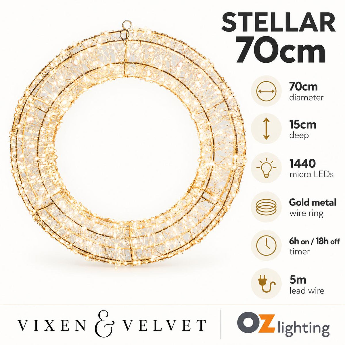 Vixen & Velvet STELLAR Light-Up Wreath - 70cm-VIXEN & VELVET-Ozlighting.com.au