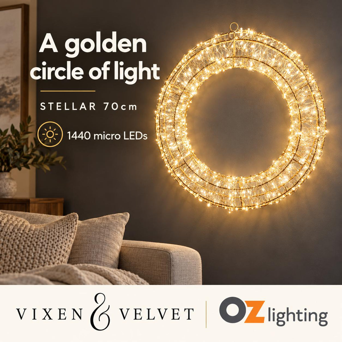Vixen & Velvet STELLAR Light-Up Wreath - 70cm-VIXEN & VELVET-Ozlighting.com.au