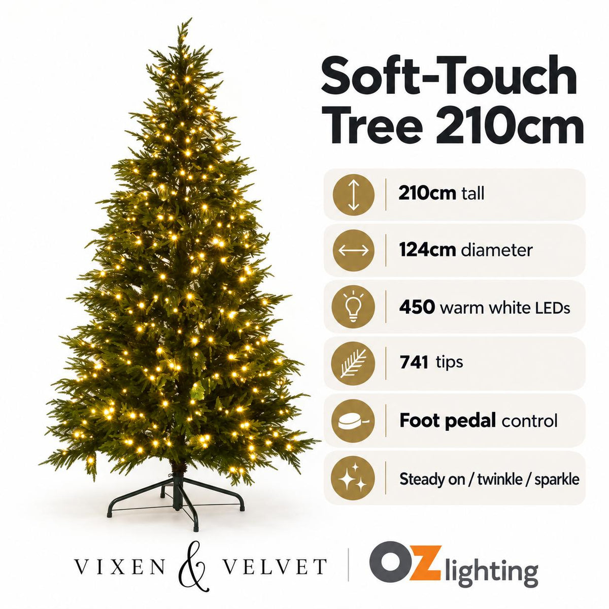 Vixen & Velvet Touch Light-Up Christmas Tree - Soft, 210cm, 450 LEDs-VIXEN & VELVET-Ozlighting.com.au
