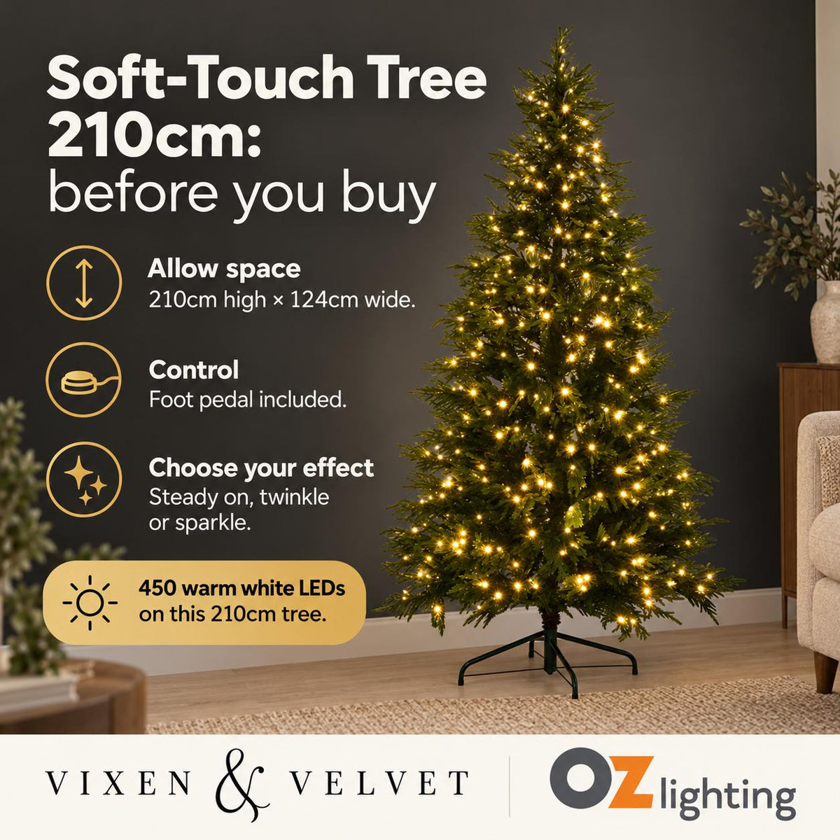 Vixen & Velvet Touch Light-Up Christmas Tree - Soft, 210cm, 450 LEDs-VIXEN & VELVET-Ozlighting.com.au