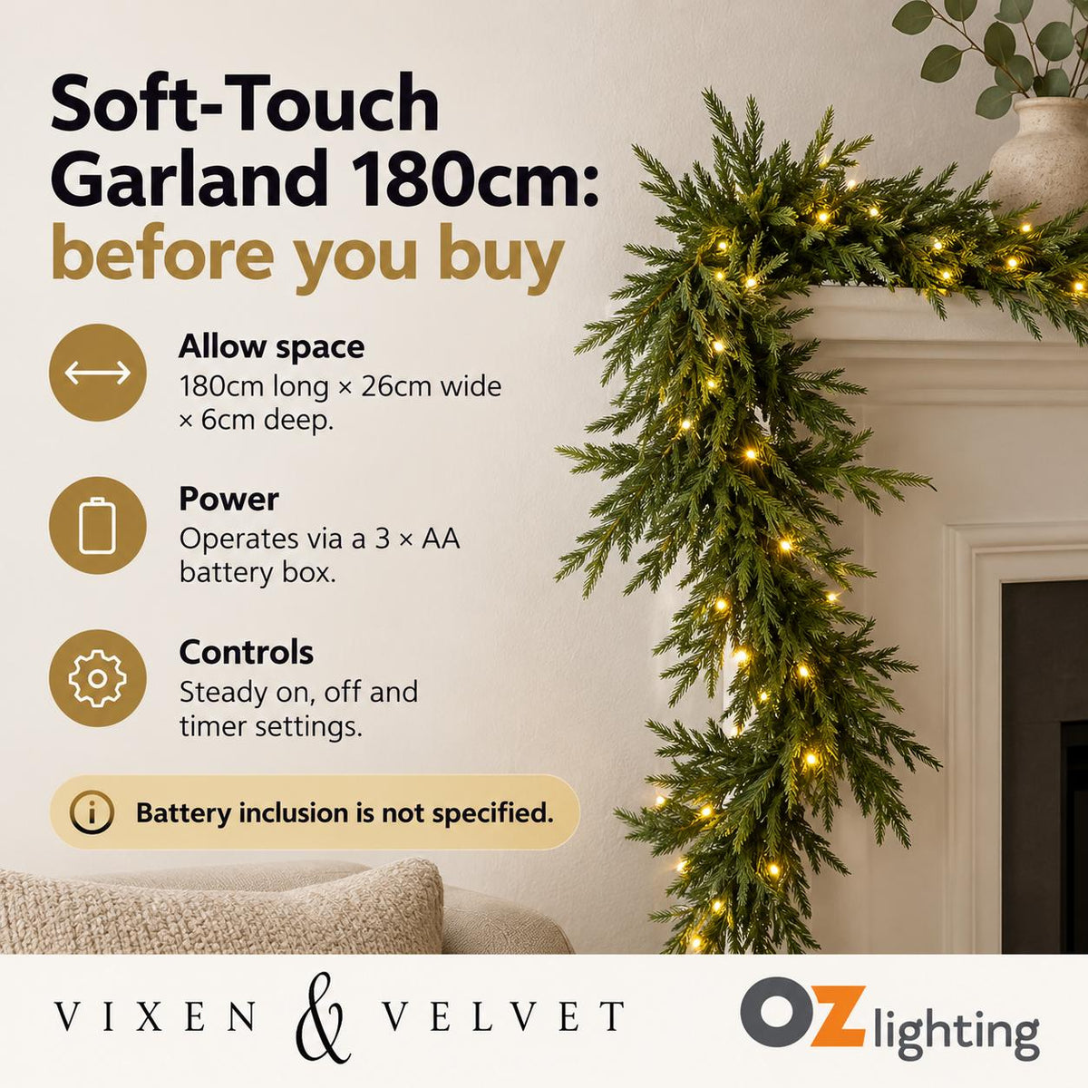 Vixen & Velvet Touch Light-Up Garland - 180cm, Soft-VIXEN & VELVET-Ozlighting.com.au