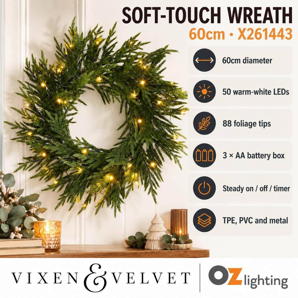 Vixen & Velvet Touch Light-Up Wreath - 60cm, Soft-VIXEN & VELVET-Ozlighting.com.au