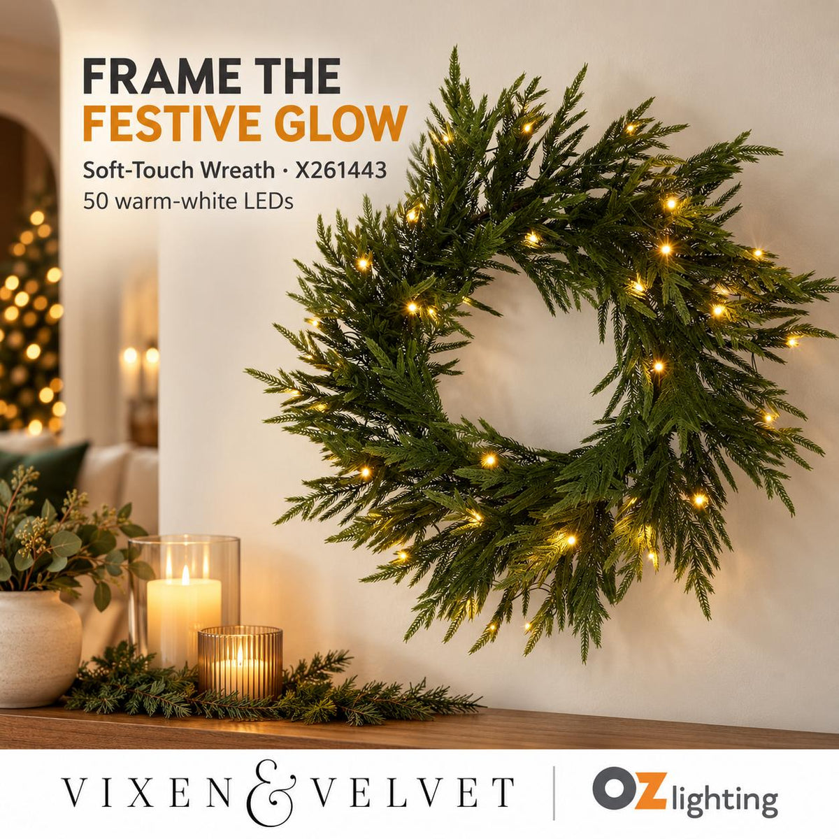 Vixen & Velvet Touch Light-Up Wreath - 60cm, Soft-VIXEN & VELVET-Ozlighting.com.au
