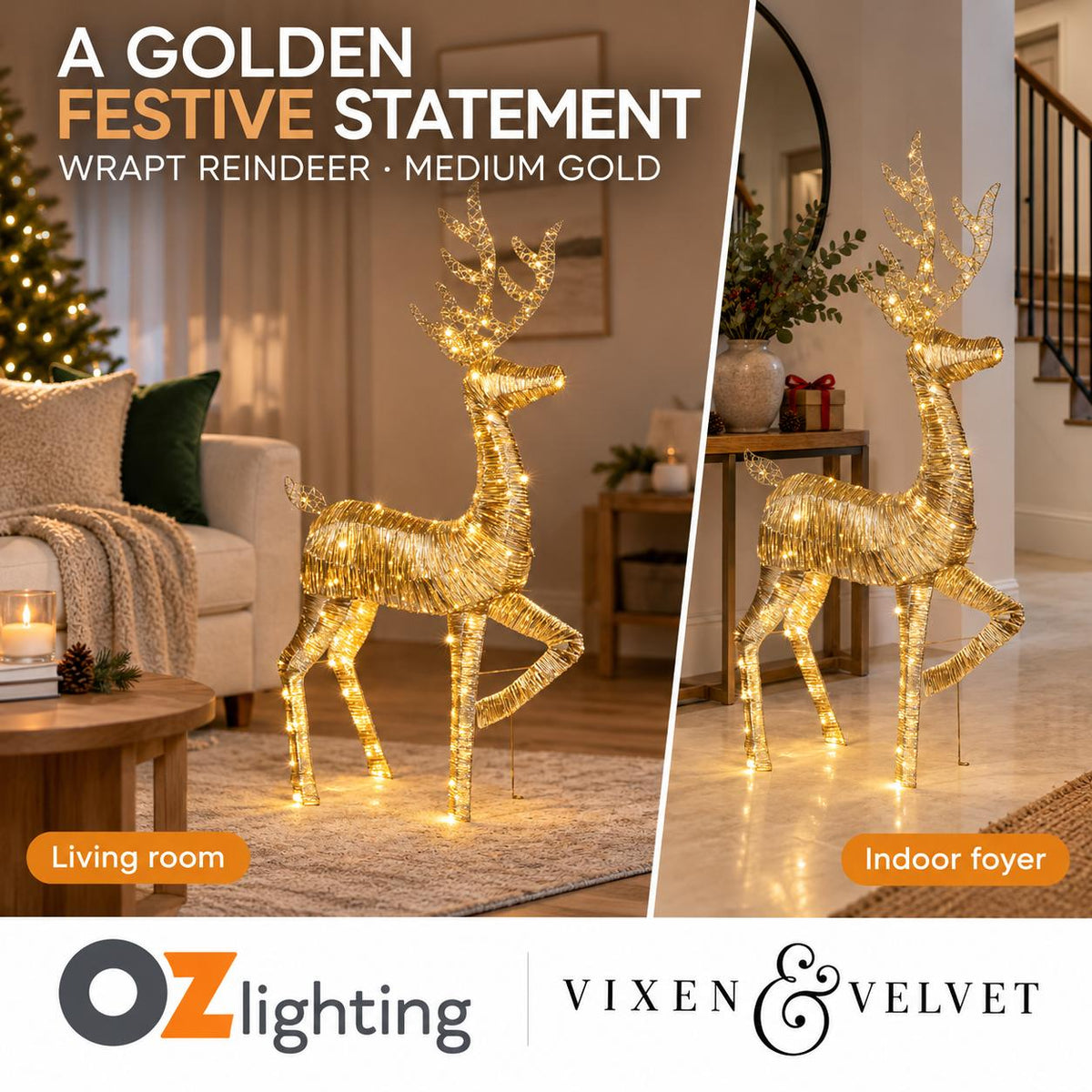 Vixen & Velvet WRAPT Light-Up Reindeer - Medium Gold-VIXEN & VELVET-Ozlighting.com.au