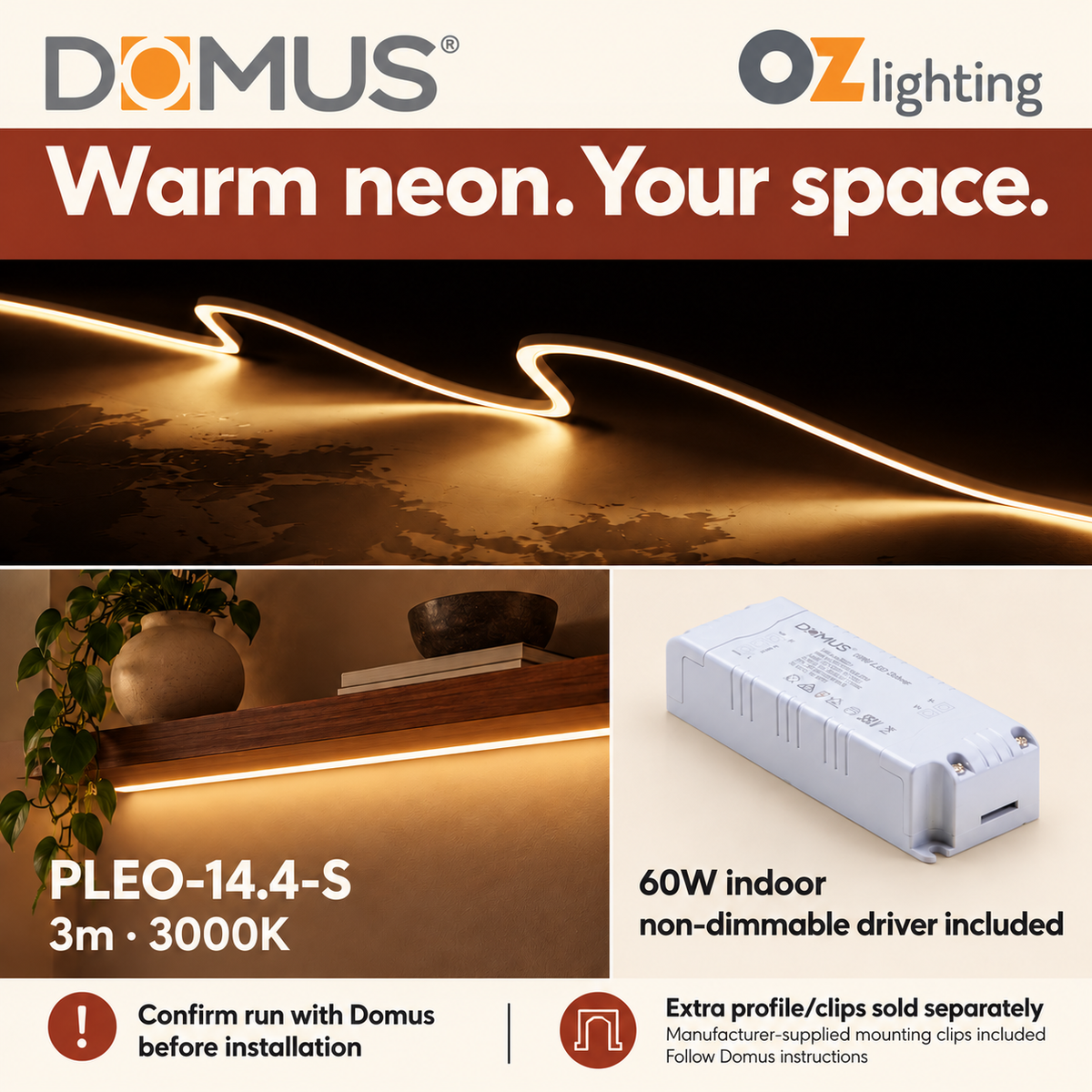 Domus PLEO-14.4-S 3m 3000K LED strip and driver bundle — hero