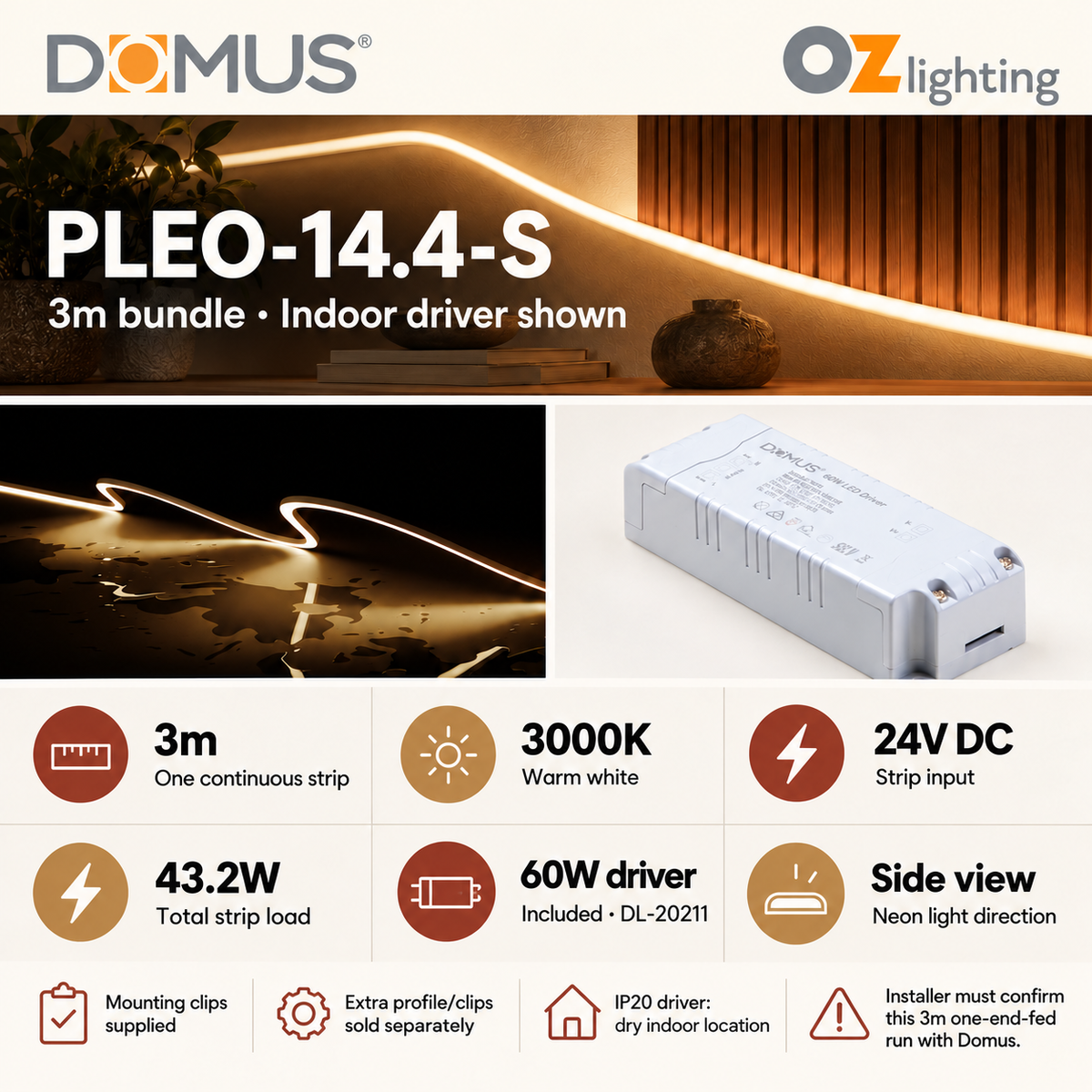 Domus PLEO-14.4-S 3m 3000K LED strip and driver bundle — product details