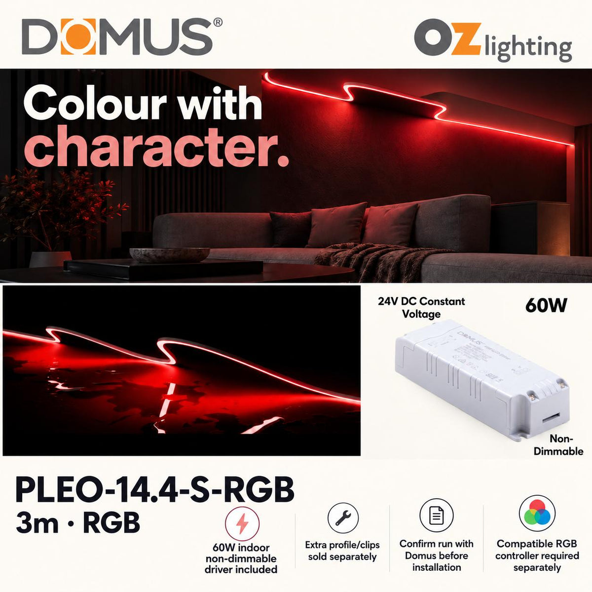 Domus PLEO-14.4-S-RGB 3m RGB LED strip and driver bundle — hero