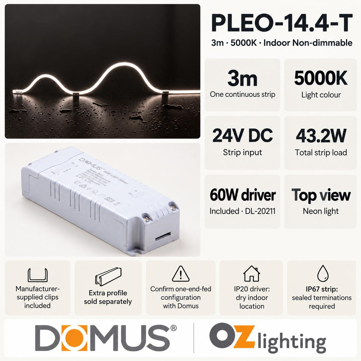 Domus PLEO-14.4-T 3m 5000K LED strip and driver bundle — product details