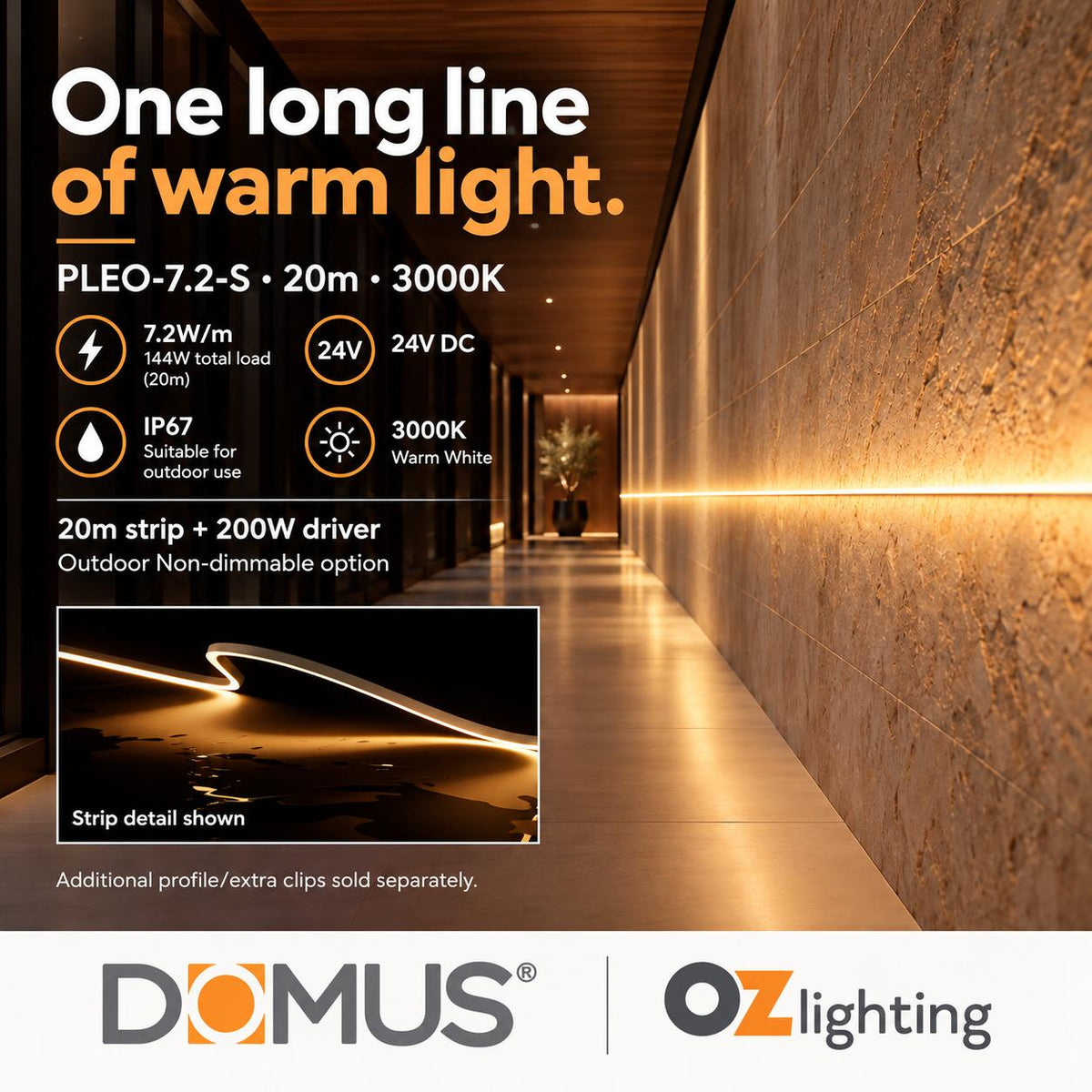 Domus PLEO-7.2-S 20m 3000K LED strip and driver bundle — hero